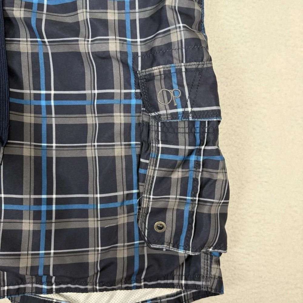 Ocean Pacific OP Men's‎ XL Navy Plaid Cargo Swim Trunks Board Shorts Mesh Lined